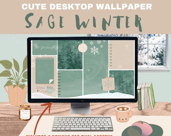 May include: A computer monitor displaying a sage green and white winter-themed desktop wallpaper with snowflakes and a quote that says "Warm & Cozy". The wallpaper is divided into multiple sections with different designs. The monitor is on a wooden desk with a keyboard, a mug, and a candle.