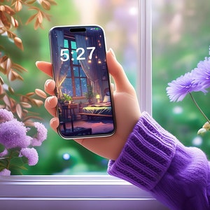 May include: A hand holding a smartphone with a digital clock displaying 5:27. The phone screen shows a digital illustration of a bedroom with a window, a bed, and a nightstand with a lamp. The hand is wearing a purple sweater and is visible through a window with a view of green foliage and purple flowers.