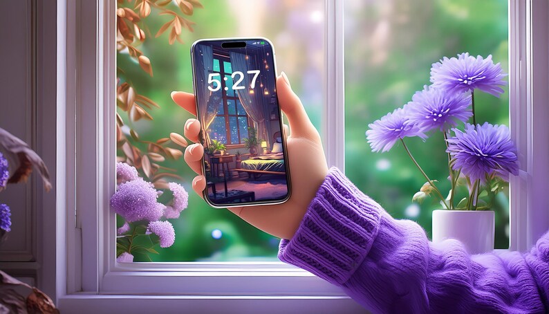 May include: A hand holding a smartphone with a digital clock displaying 5:27. The phone screen shows a digital illustration of a bedroom with a window, a bed, and a nightstand with a lamp. The hand is wearing a purple sweater and is visible through a window with a view of green foliage and purple flowers.