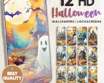 Halloween Phone Wallpaper: Spooky Ghost, Haunted House (Digital Download)