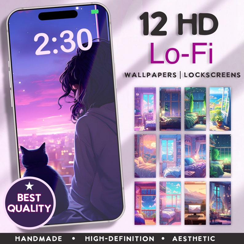 May include: Twelve high-definition, lo-fi style phone wallpapers and lockscreens. The images feature a variety of scenes, including a bedroom with a window, a cityscape at sunset, and a cat sitting on a windowsill. The text "12 HD Lo-Fi WALLPAPERS | LOCKSCREENS" is displayed at the top of the image.