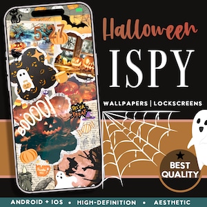 May include: Halloween themed phone wallpaper featuring a collage of images including pumpkins, ghosts, sweets, and the words "Boo!" and "Trick or Treat".