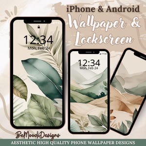 Puede incluir: Dos maquetas de pantalla de teléfono con diseños diferentes. La primera maqueta presenta un diseño de hojas de acuarela verde y marrón. La segunda maqueta presenta un paisaje de acuarela con colinas verdes y montañas marrones. Ambas maquetas muestran la hora 12:34 y la fecha Lun, 24 feb.