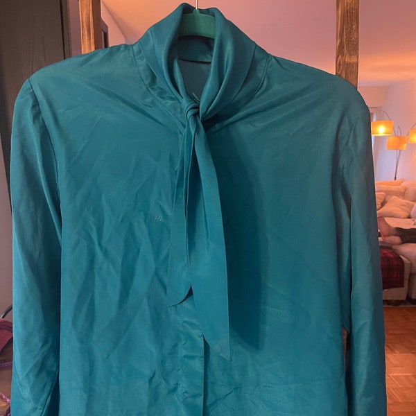 Vintage 80s Silky Teal Tie-Neck Blouse