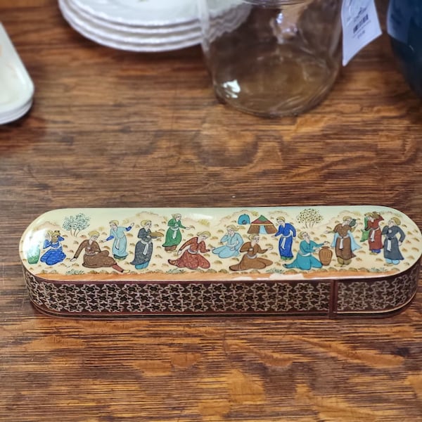 Vintage Handmade Wooden Khātam Pencil Box