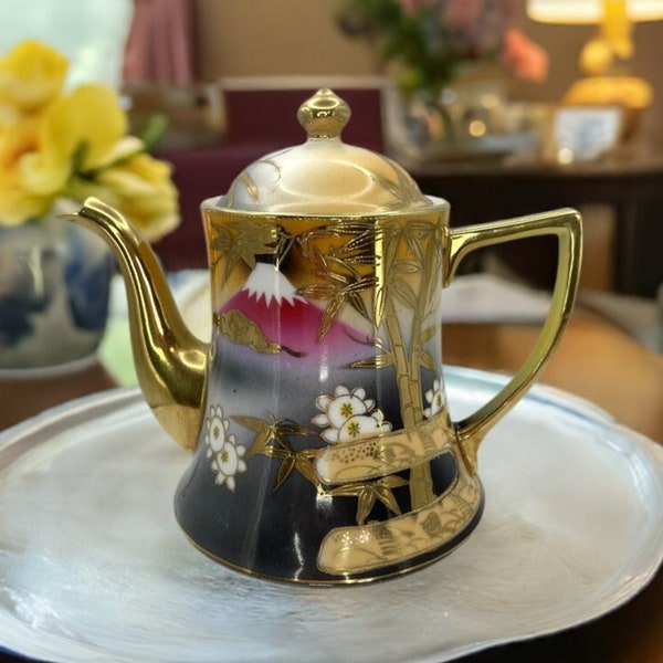 Mid Century Japanese Teapot with Mt. Fuji and Gold Bamboo Accents