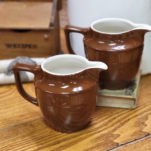 Vintage Hall Pottery Medallion Pitcher #244, Brown and White Milk Pitcher