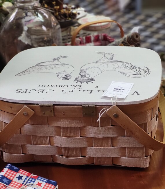 Rooster & Hen Picnic Basket, Vintage Upcycled Basket,… Gem