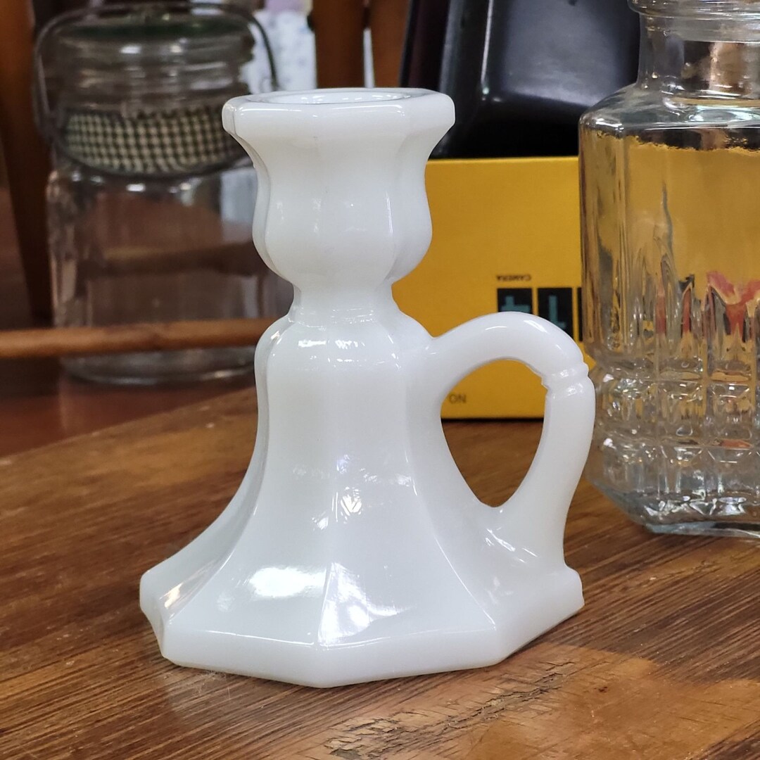 Vintage Milk Glass Candlestick Holder, Octagonal Base With Finger Loop