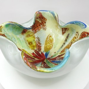 Vintage Murano Style Art Glass Bowl Ruffled Edge Multicolor Bullicante 7&quot; MCM
