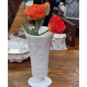 Large Milk Glass Vase with Raised Pattern of Grapes, Leaves and Vines