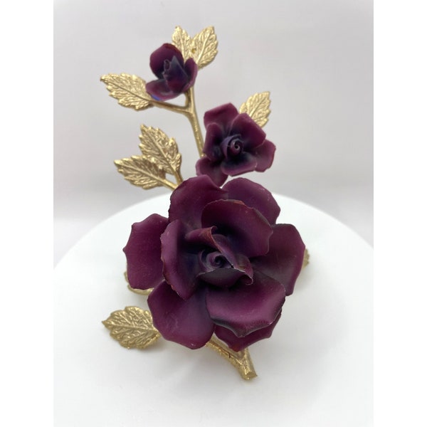 Vintage Capodimonte Porcelain Rose Figurine, Gold Tone Metal Stem with Purple Flowers