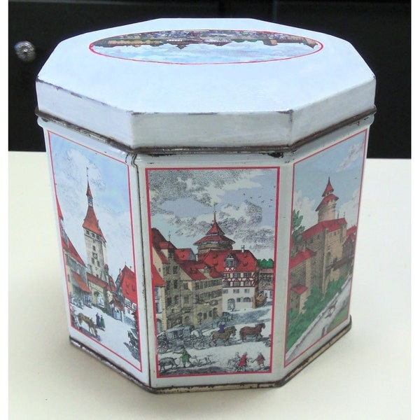 Vintage German Gingerbread Tin Nurnberger Schumann Octagonal Lidded Box