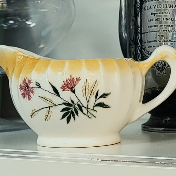 Vintage Creamer with Scalloped Edge and Yellow Ombre with Floral Design, Porcelain China Creamer