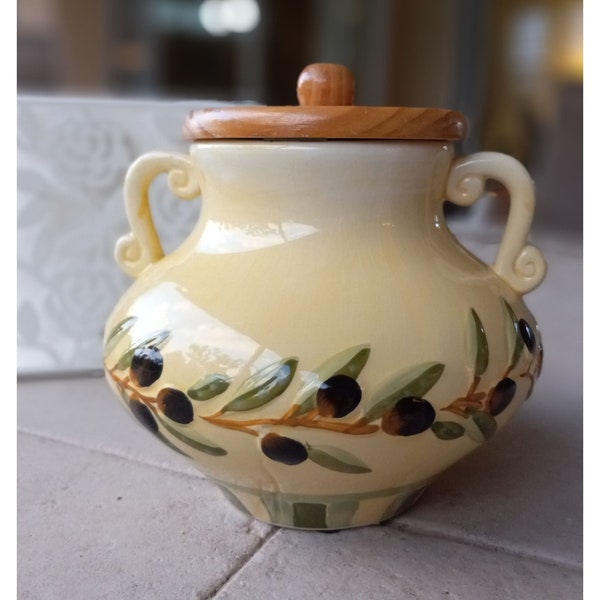 Vintage Olive Branch Buttercream Yellow Biscuit Jar with Wooden Lid by MSFR, Italian Kitchen Decor