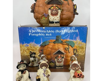 Vintage Lighted Munchkin Pumpkin Halloween House - 4 Pieces