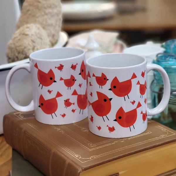 Whimsical Cardinals Mug, Red and White Cardinal Coffee Cup, Bird Lover Cup