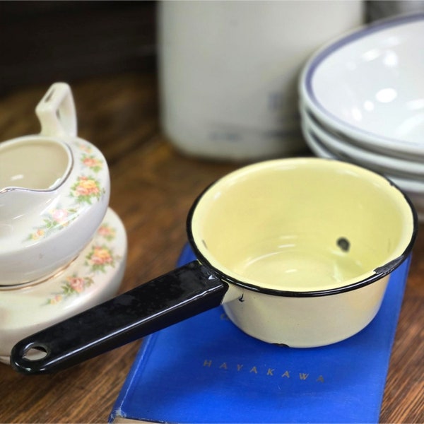 Vintage Yellow & Black Small Enamelware Saucepan