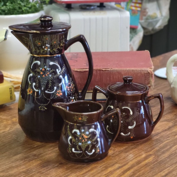 Vintage Japanese Moriage Patterned Hand Painted Redware "Tea Set" - 3-piece Mid Century Decor