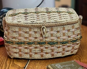 1970's Wicker beige and green sewing basket with lid