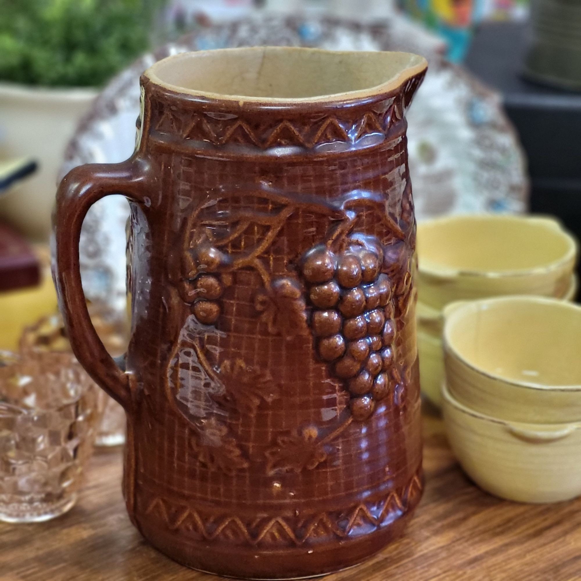 Vintage Star Stoneware Brown Salt Glaze Pitcher With Grape