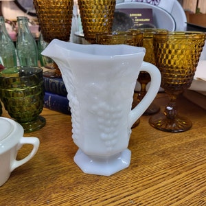 Vintage Anchor Hocking Fire King Milk Glass Pitcher with Grape Motif, Mid-Century Glassware