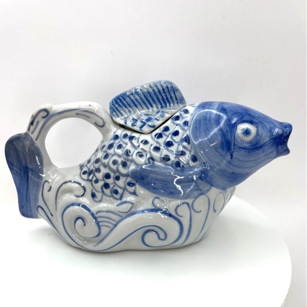 Blue and White Koi Fish Decorative Small Teapot Carp Gluggle Jug