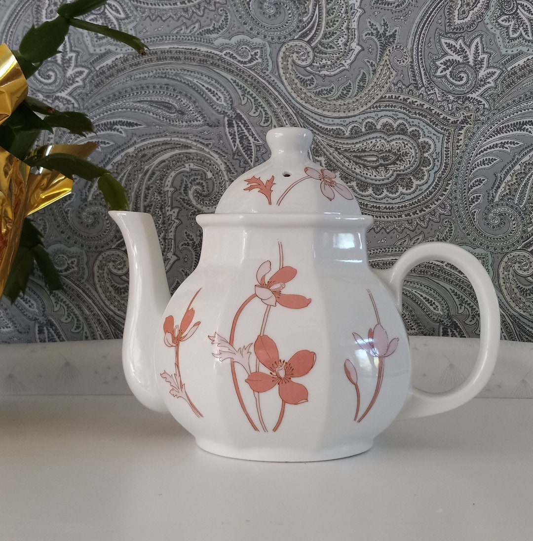 Toscany Collection Japan Porcelain Teapot With Coral Flowers, Vintage