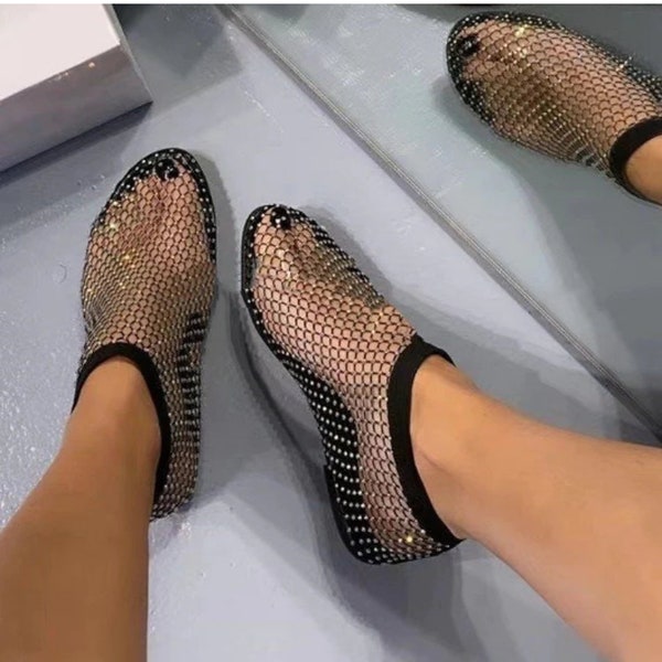 NEW Women's Mesh Hollow Out Flat Sandals, Rhinestone Decor Slip On