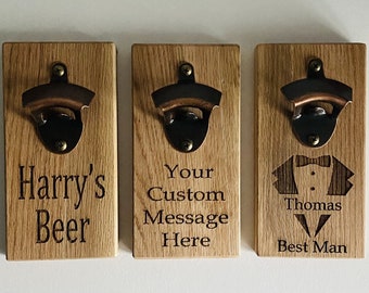 Personalised oak wall mounted bottle opener