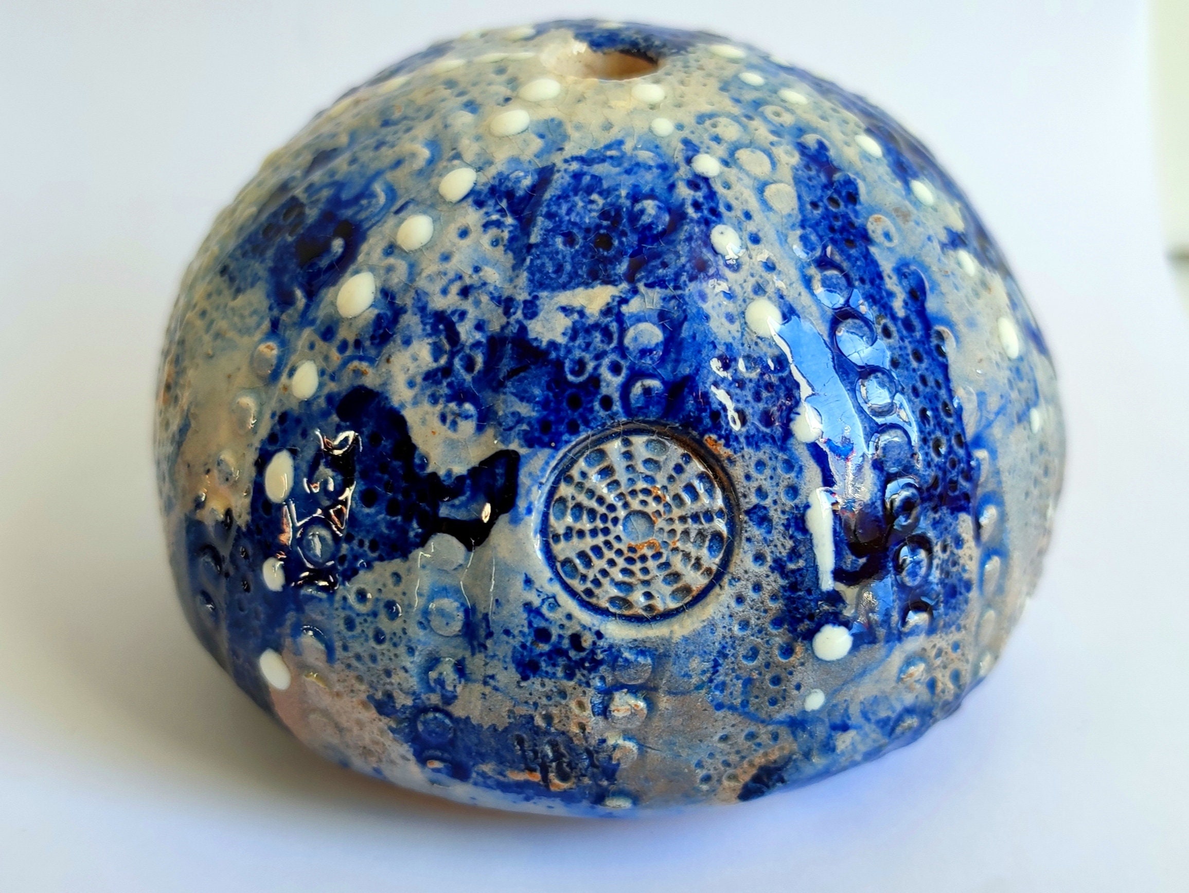 Ceramic Sea Urchin For Home Decor By Handmade in Giens, Oursin de Gift, Blue Azur, Christmas Ornamen