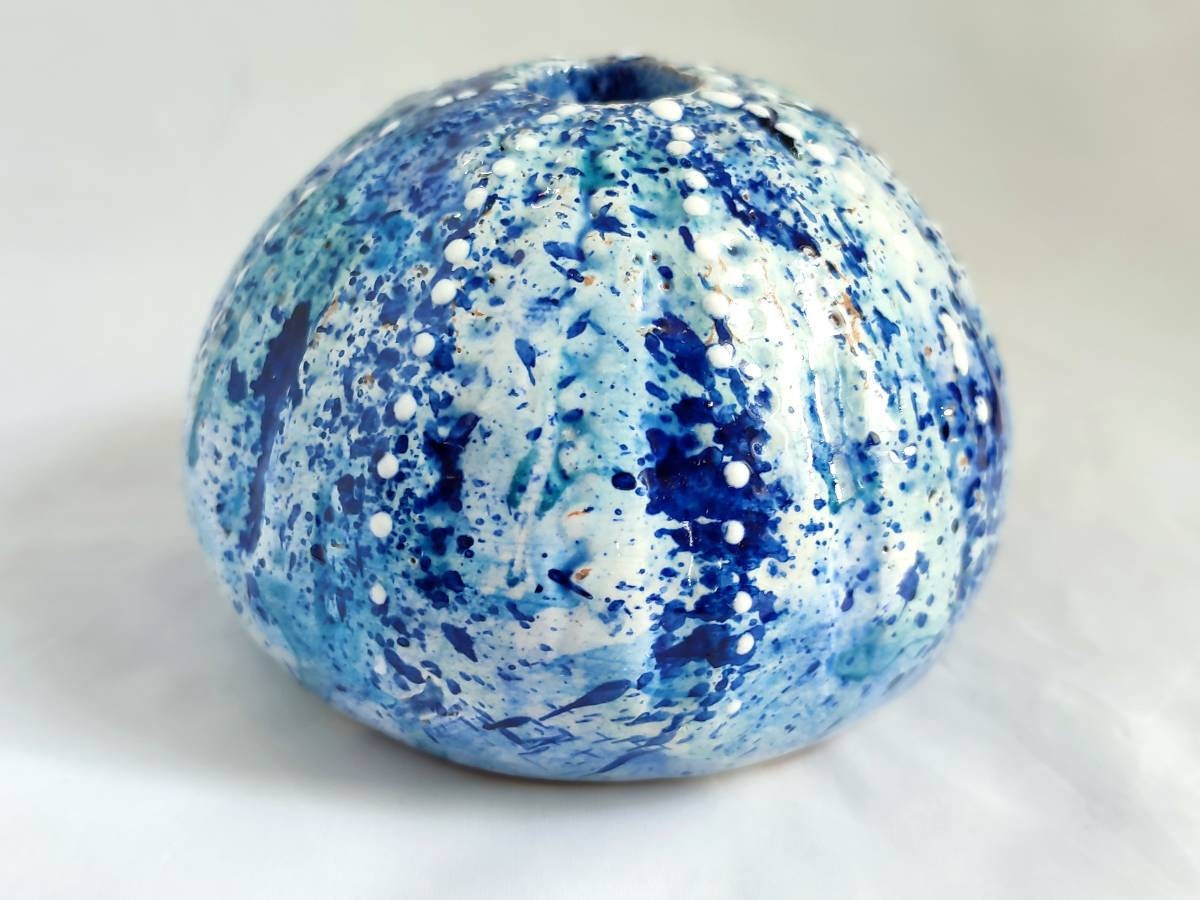 Ceramic Sea Urchin For Home Decor By Handmade in Giens, Oursin de Gift, Blue Azur, Christmas Ornamen