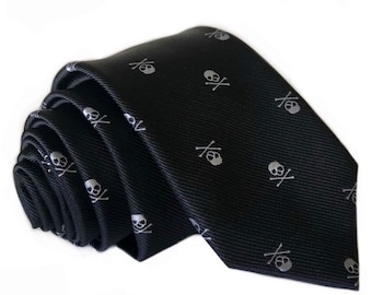 Embroidered Black With White Skull And Crossbones Tie