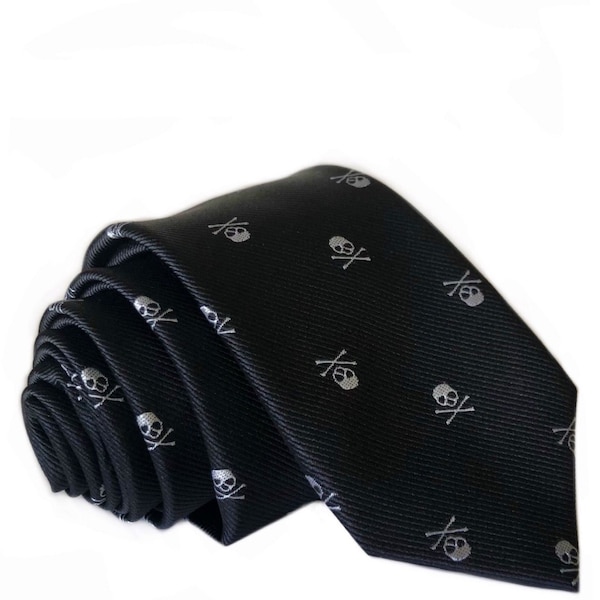 Embroidered Black With White Skull And Crossbones Tie