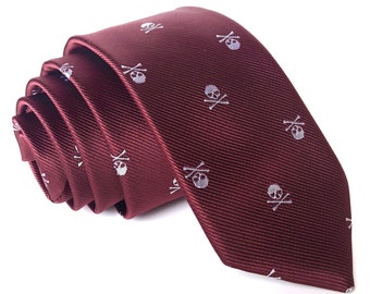 Embroidered Burgundy With Silver Skull And Crossbones Tie