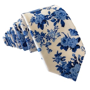 White With Light And Dark Blue Floral Tie | Skinny Men&#39;s Ties | Cotton Skinny Tie | Men&#39;s Floral Skinny Tie | White Tie | Gifts For Men