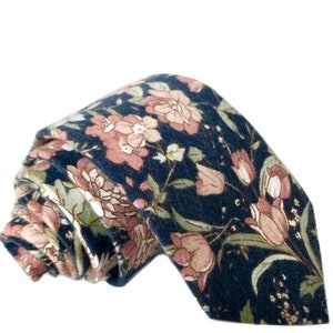 Navy With Mauve Floral Tie | Blue Tie | Blue Floral Tie | Wedding Tie | Man Tie | Groomsmen Ties | Cotton Skinny Tie | Gifts For Men