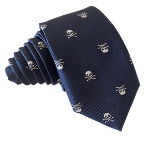 Embroidered Blue With Silver Skull And Crossbones Tie | Navy Skinny Tie