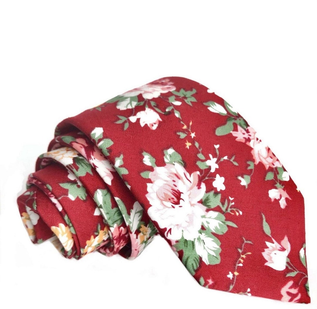 Red Floral Skinny Tie Skinny Men's Ties Cotton Skinny Tie Men's Floral