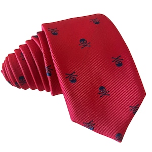 Embroidered Red With Navy Skull And Crossbones Tie