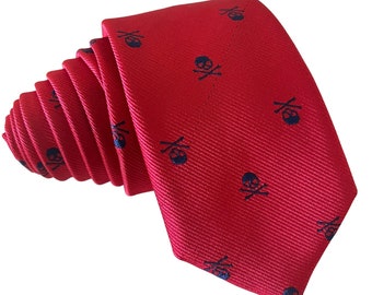 Embroidered Red With Navy Skull And Crossbones Tie