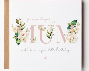 May include: A square greeting card with a brown envelope featuring the text "for a wonderful MUM with love on your 80th birthday" in a script font. The word MUM is in large pale pink letters decorated with watercolor white roses and green leaves.