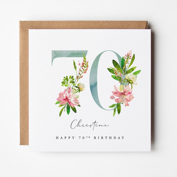 70th Birthday Card Personalised Any Relation | Watercolour Peony Flowers | 70 Mum Sister in law Wife Auntie Friend Mam Mom Nan Nanny Nana