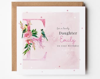 DAUGHTER Name Initial Birthday Card | Pretty Pink Watercolour Peony Roses Birds | Personalise Customise Age 18th 21st 25th 30th 40th 50th