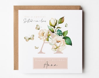 Sister-In-Law Peach Peony Butterflies Birthday Card | Personalised Name Initial Letter | Any Age 18th 21st 25th 30th 40th 50th 60th 70th