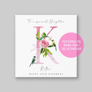 Personalised Watercolour Peony and Birds Initial Birthday Card | Personalise Your Relationship & Name | Mum Daughter Aunt Sister Friend