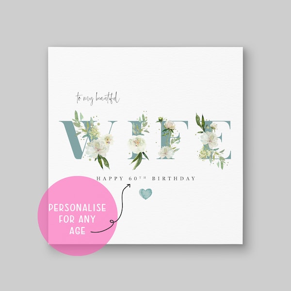 WIFE Personalised Birthday Card For Her | Elegant Modern White Peony Watercolour Design | Happy Birthday 30th 40th 50th 60th 70th 80th | UK