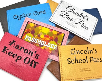 Personalised Pass Holder Leather Engraved Pouch Card, Train, Bus, Oyster, School, College, University Pass Holder - Wallet