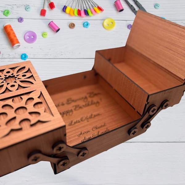 Exquisite Handmade Personalized Wooden Sewing Box | Unfoldable Compartments | DIY Assembly | Thoughtful Gift for Craft Enthusiasts!