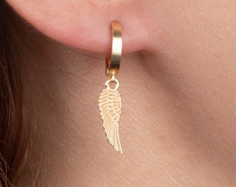 Angel Wing Earrings, Gold Hoop Earrings With Wing Charm, Tiny Hoop Earrings, Huggie Hoop Earrings, Minimalist Huggies, Gift For Her